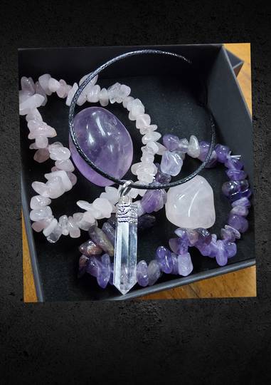 Rose Quartz and Amethyst with a Quartz Pendant Gift Set image 0